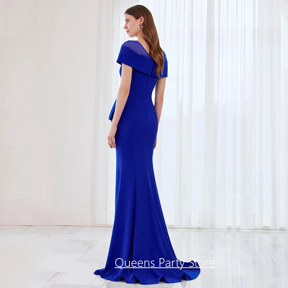 Customized Mother of The Bride Dress Fashion V Neck Beading Pleat Sweep Train Mermaid Prom Dresses Blue Party Gown