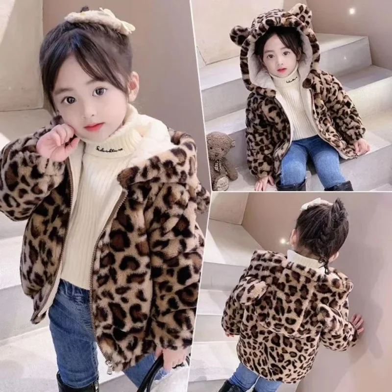 Girls Coat Jacket Cotton Windproof Outwear 2024 Leopard Warm Thicken Velvet Winter Skiwear Children\'s Clothing