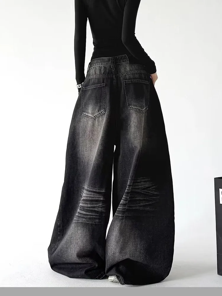 2026 American Retro Y2K Style Rivet Design Washed Black Baggy Women's Jeans Pants Woman Clothes Wide Leg Loose Fit Long Trousers