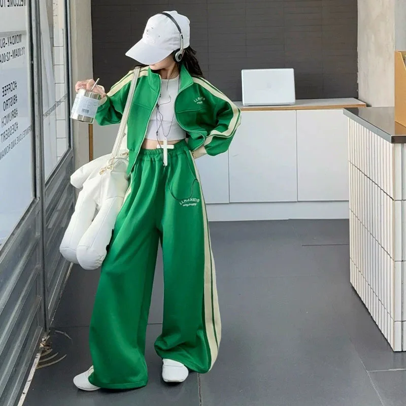 2026 tracksuit autumn teenager kids girl Children set Clothes striped Cardigan jacket + wide leg loose pants 4 8 10 12 15 Year