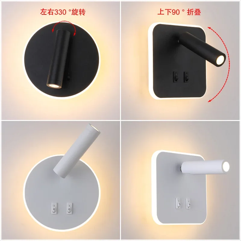 

Simple LED Round Wall Lamp Bedside Reading Spotlight Hotel Bedroom Wall Lamp Dual Control Rotating Wall Lamp Usb Charging Hot