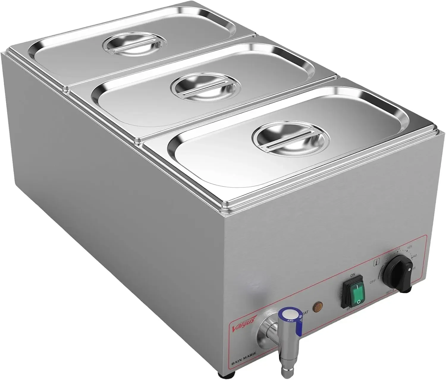 Calentador de alimentos comercial de acero inoxidable, 3 secciones, capacidad de 17 cuartos Bain Marie, vaporizador eléctrico de encimera con tapa y grifo de agua