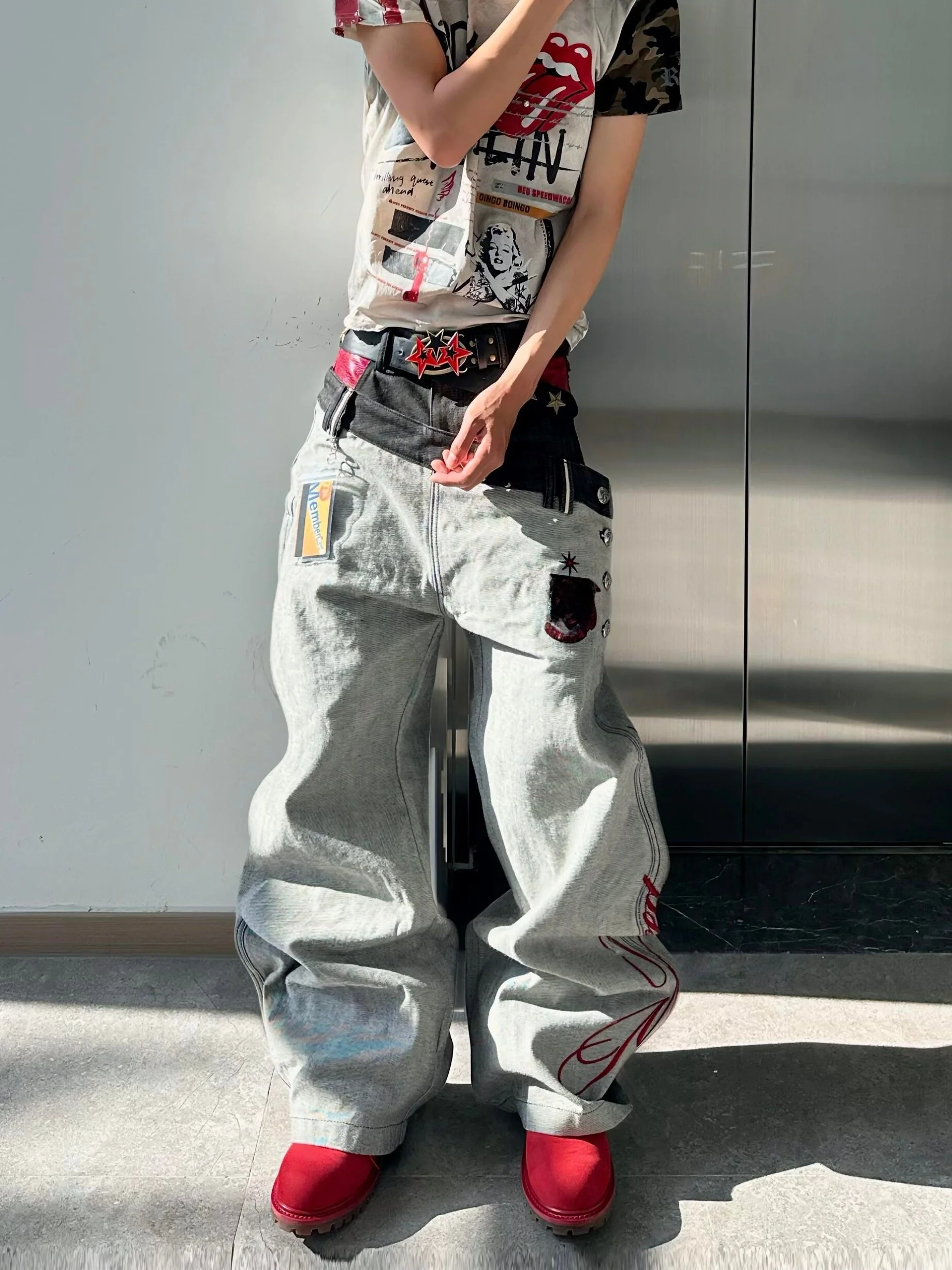 American Retro Men's Wide Leg Jeans Double Waist Knife  Loose Fit Straight Leg Long Trousers Street Style Casual Jeans