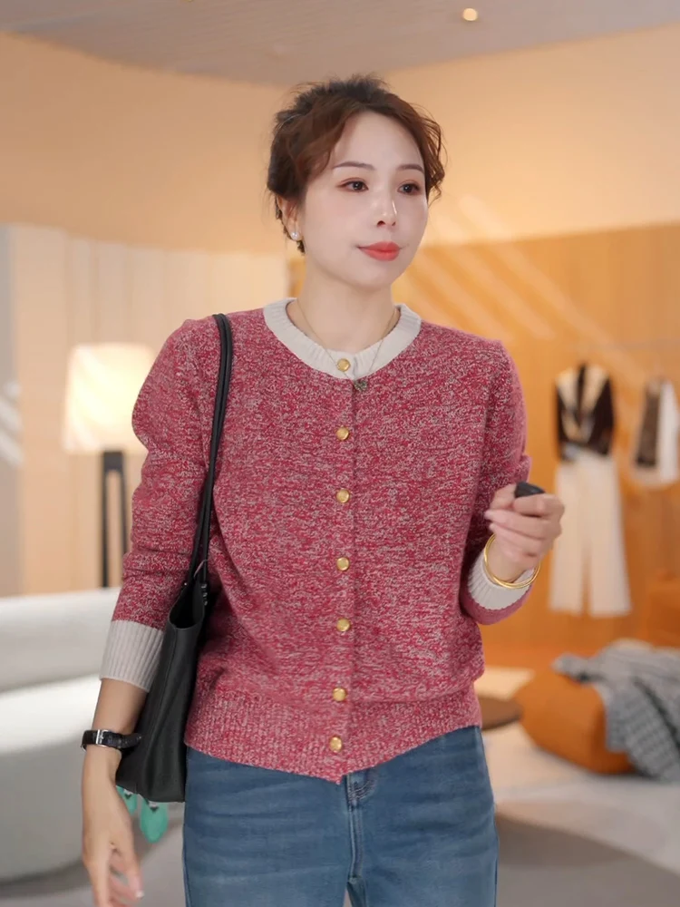 

Вязаный кардиган-пальто Color Blo из нейлона для женщин, повседневный, с круглым вырезом, без застежки, осенний сезон, модный