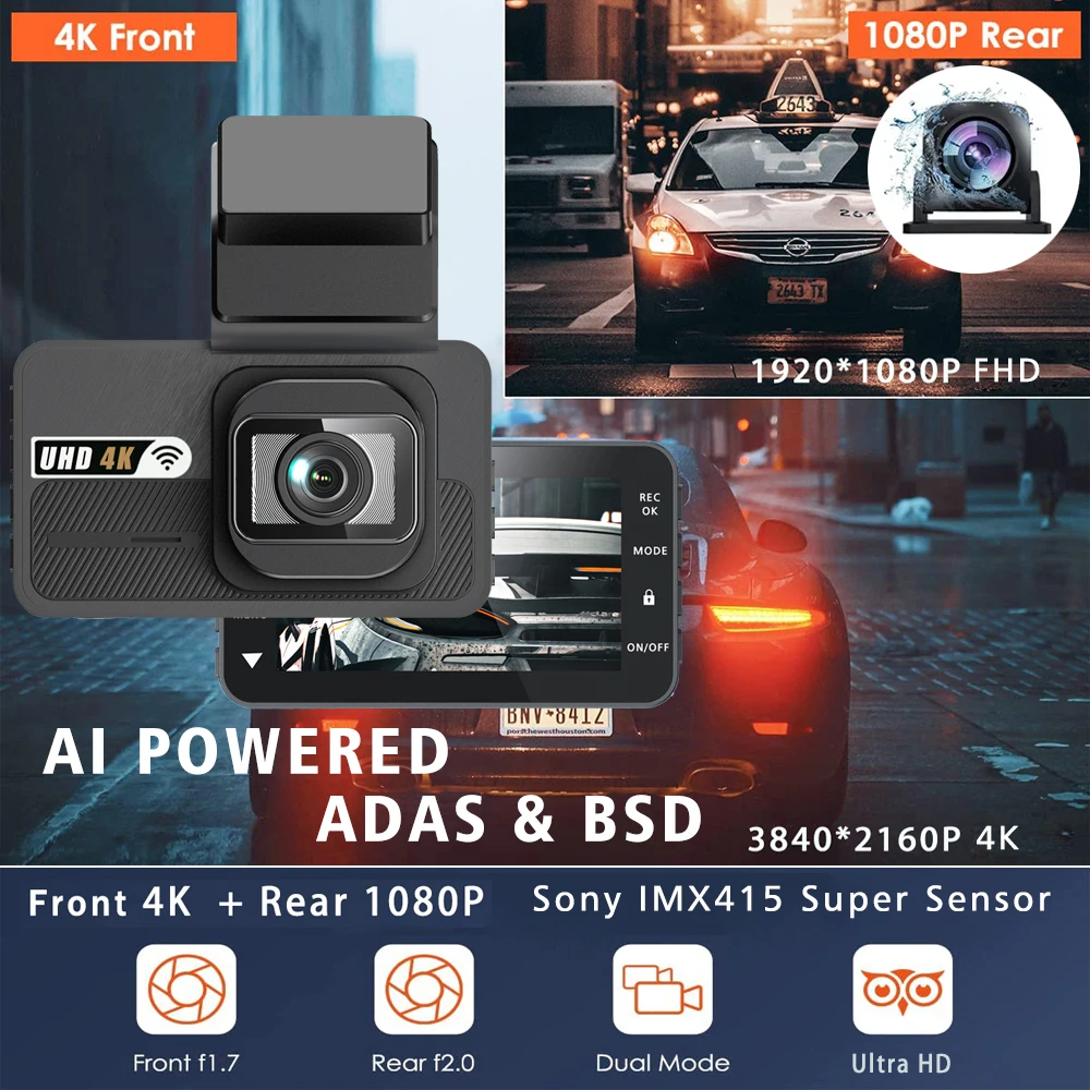 UHD 4K 2160P AI Driver Assistance Dash Cam Dual Lens ADAS WIFI GPS Mini Car DVR Camera Video Drive Recorder Dashcam Registrar