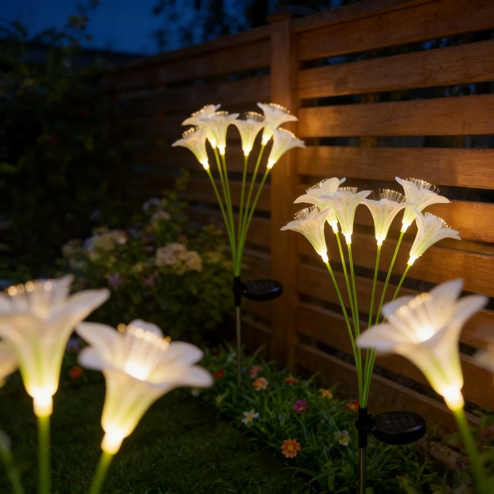 Lampes solaires à piquet en forme de lys, lampes LED à fibres optiques pour décoration de jardin extérieur, lampes de pelouse, éclairage étanche pour allée, patio, cour