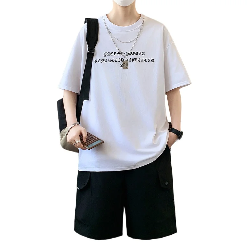 

【T-Shirt + Shorts】Men's Casual Set Summer Fashion Round Neck Top Cargo 5-point Pants Daily Travel Sports Leisure 2-Piece Outfit