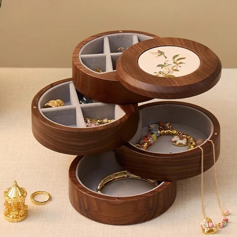 

Wood Jewelry Storage Box Luxury Rotating Display Stand Earring Bracelet Ring Necklace Jewelry Box Desktop Organizer Boxes
