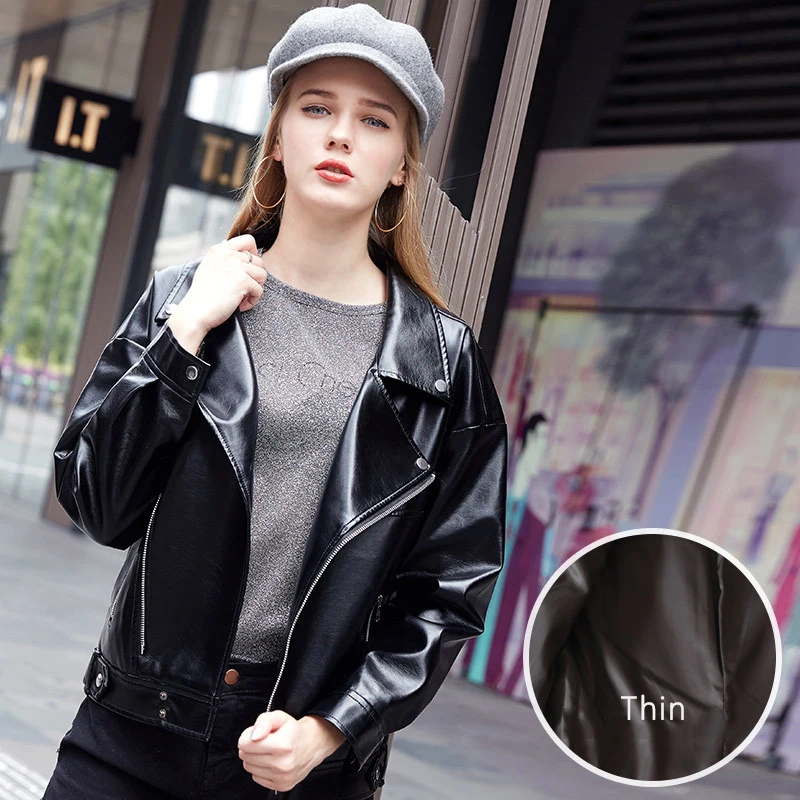 Traf Thick Women Pu Leather Jacket 2022 New Biker Black Coat Turn Down Collar Cool Motorcycle Jackets Loose Streetwear Outerwear