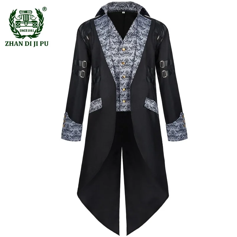 Black Print Vintage Victorian Steampunk Jacket Coats Men Tailcoat Gothic Medieval Frock Coat Cosplay Party Halloween Costumes