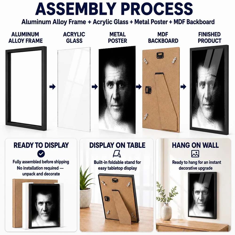 Mel Gibson Black And White Framed Aluminum Metal Poster Customized Photo Retro Cinema Style Wall Art For Lounge Collector Gift