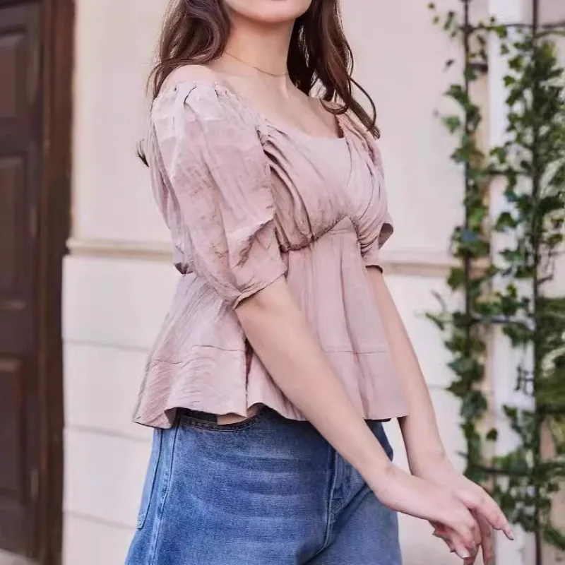 V-neck Pleated Shirts & Blouses Short Sleeve 2025 Woman Blusas Tunic Hem Ropa Mujer Japan Style Camisas Summer New Roupas