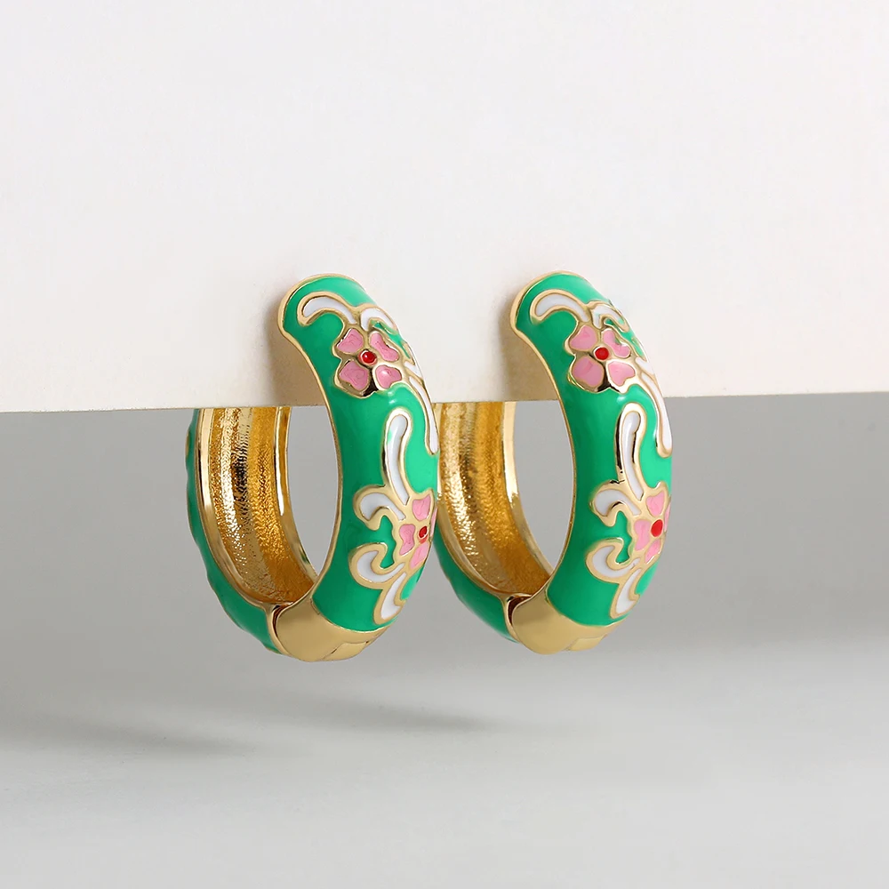 Colorful Enamel Flower Small Hoop Earrings Trendy Geometric Statement Round Circle Huggie Earring Vintage Jewelry Brincos