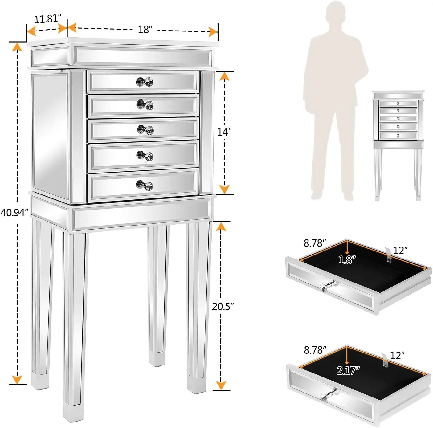 Armoire à bijoux miroir, armoire à bijoux debout avec 6 portes de proximité et 2 portes latérales