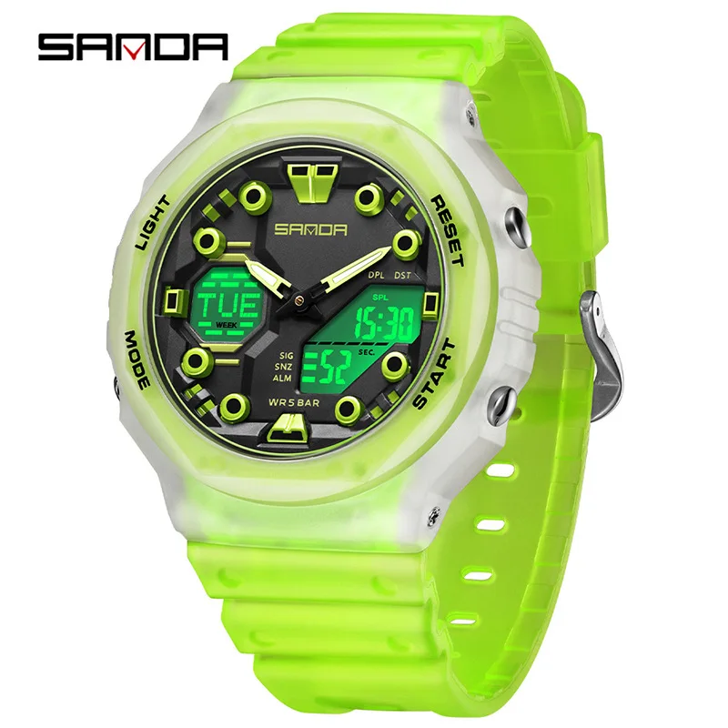 SANDA 6200 Men Quartz Watch Sport Fashion Unique Alarm Clock Waterproof Cool Dual Display Wristwatch for Student