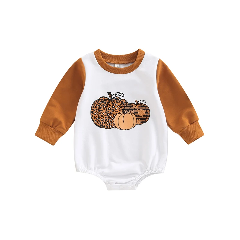 

0-24M Infants Baby Boy Girls Halloween Romper Contrast Color Patchwork Long Sleeve Pumpkin Pattern Print Short Jumpsuits