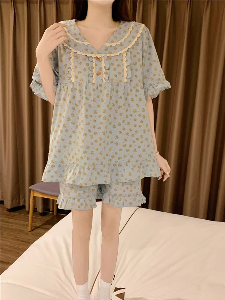 Soft Floral New Summer Print Flowers NightDress 100%Cotton Short Sleeve Pajama Set Women Cute Sweet Loose Casual Sleep Tops Ins