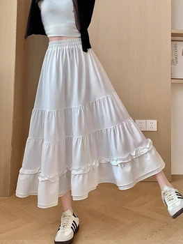 Jmprs Chic Ruches Zoete Lange Rok Vrouwen Elegante Hoge Taille Cake Rokken Koreaanse Mode Dames Zomer Casual Wit A Line Rok