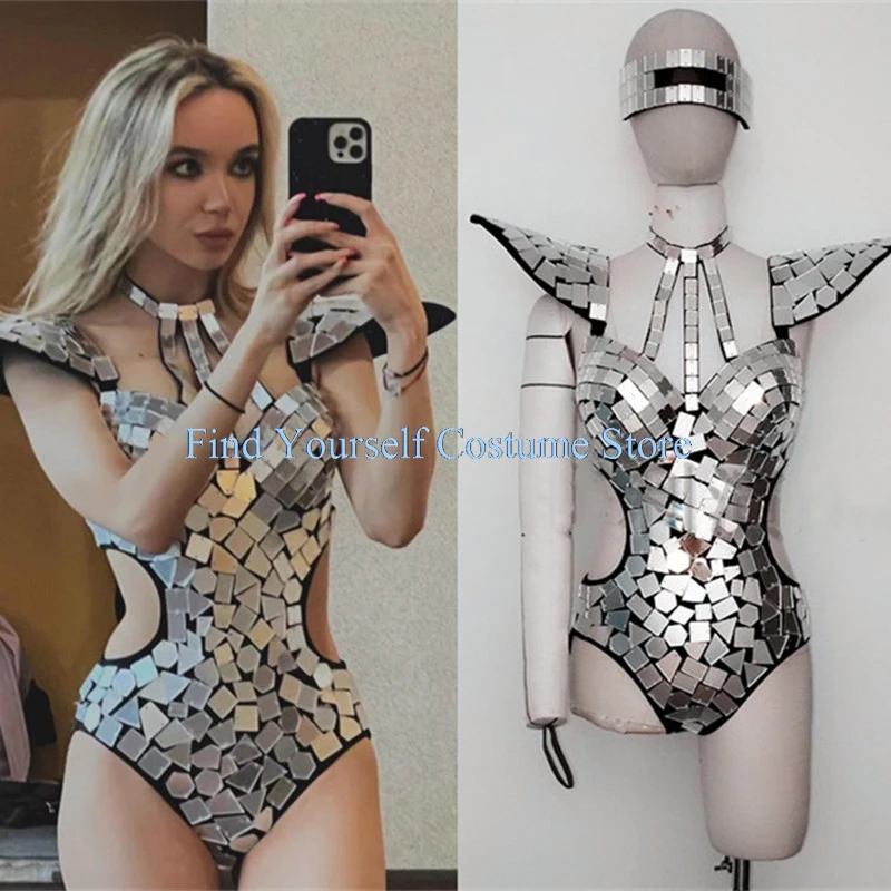 Mirror Bodysuit Women Dance Costume Gold Silver Sequins Fly Shoulder Hollow Out Rave Outfit Stage Performance Clothes Gogo Show