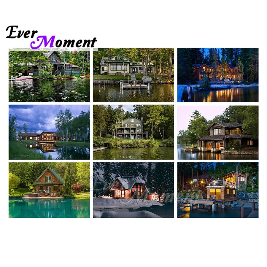 

Алмазная картина Ever Moment, вышивка, ручная работа, украшение на стену, озеро, банк, деревянный дом, пейзаж, полный квадрат, 5D DIY ASF2375