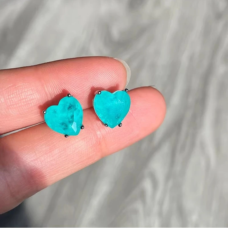 925 Sterling Silver Paraiba Emerald Simple Heart Necklace Earrings for Women Girls Vintage Tourmaline Gemstone Part Jewelry Set