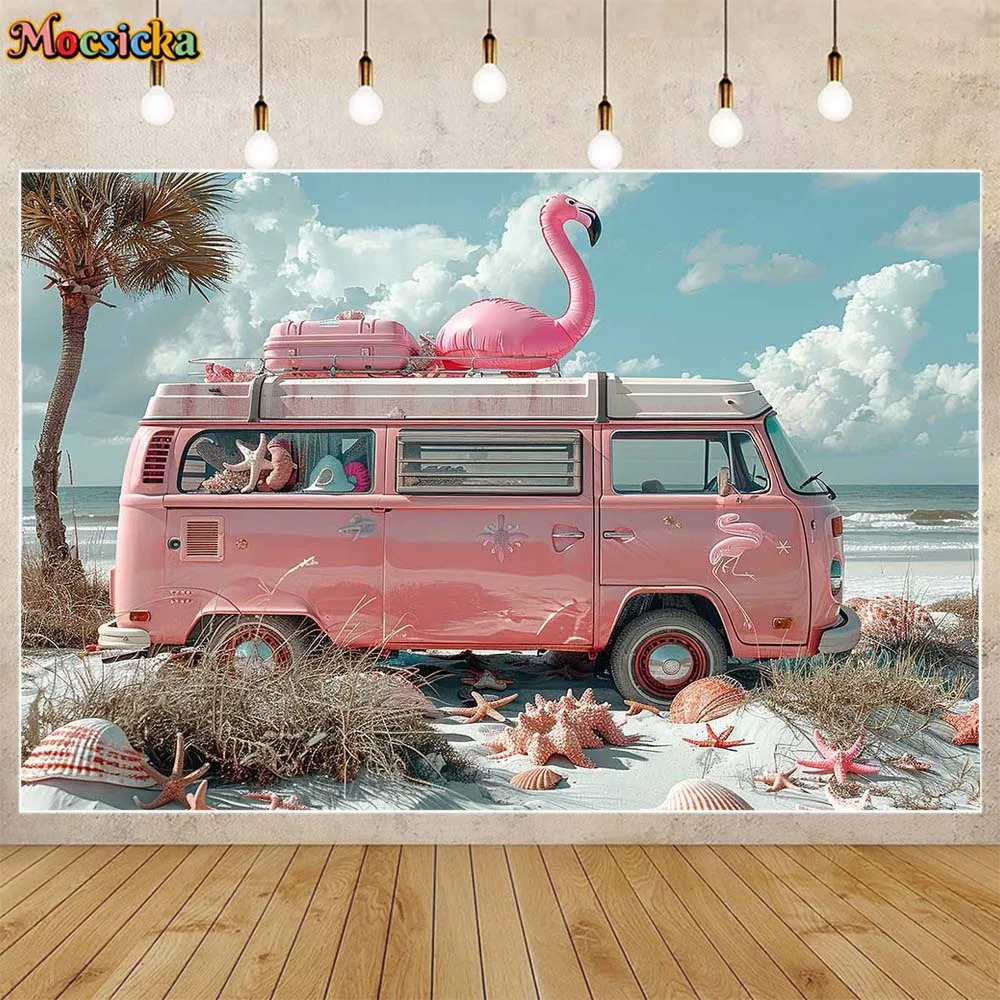 Mocsicka-夏の写真の背景,ピンクのビーチ,バン,ヤシの木,休暇,パーティーの装飾,写真の背景,スタジオアクセサリー