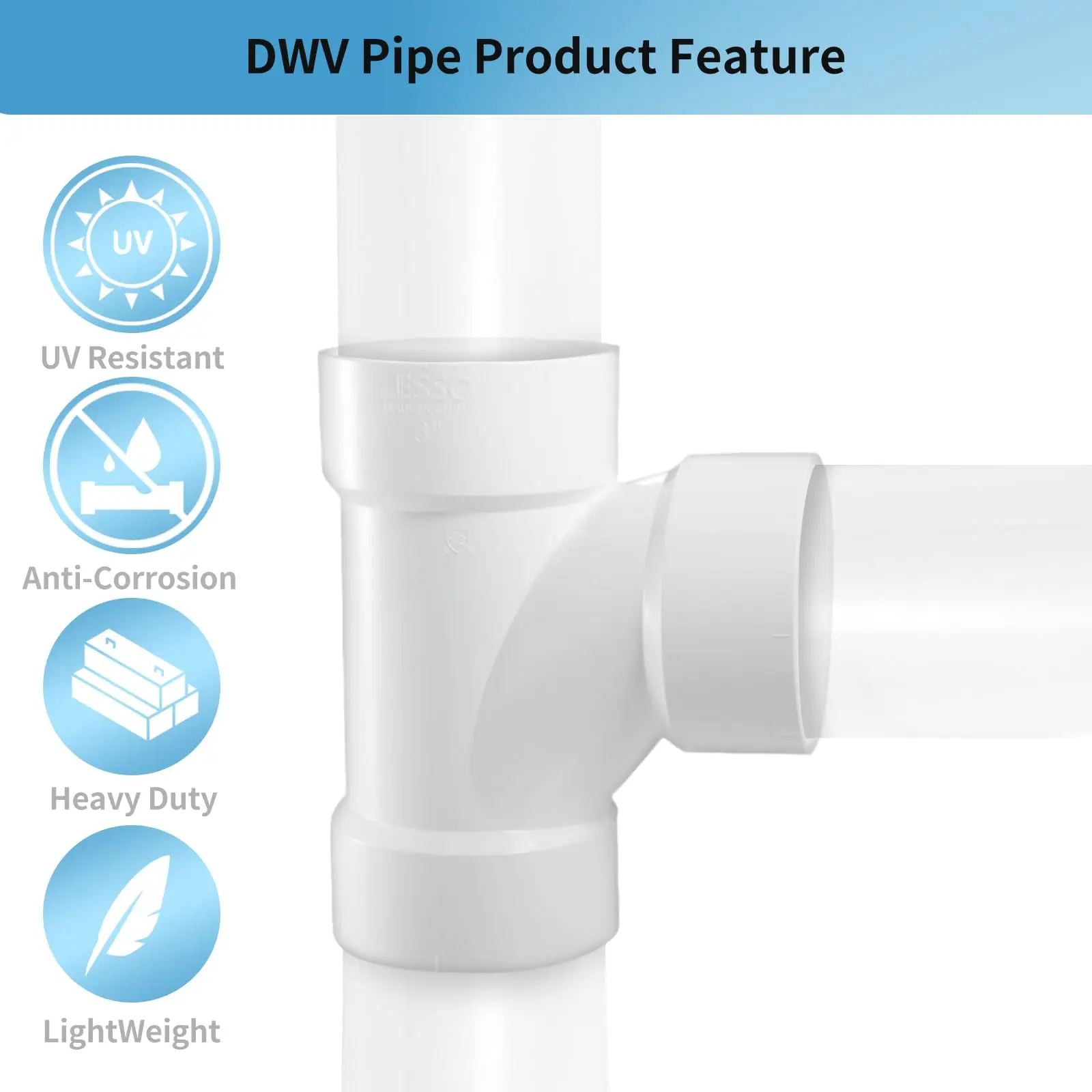 أنبوب LESSO PVC مقاس 3 بوصات DWV، تي شيرت صحي (جميع المحورات) استنزاف DWV ونفايات وفتحة (قطعة واحدة)