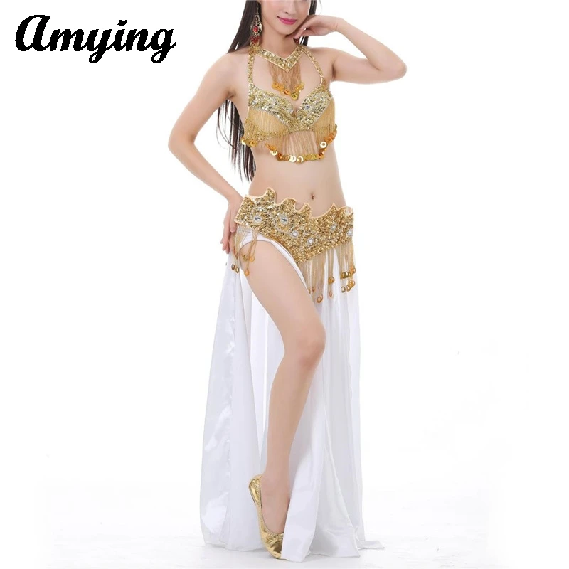 

New Women Double Split Ding Skirt Belly Dance Costume Set Bra+Belt+Skirt Practice Clothes Adult Stage Performance Costume Outfit