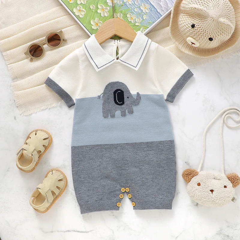 

Baby Rompers Clothes Summer Turtle Neck Short Sleeve Knitted Newborn Infant Boys Cotton Sunsuits Jumpsuits 0-18m Toddler Outfits