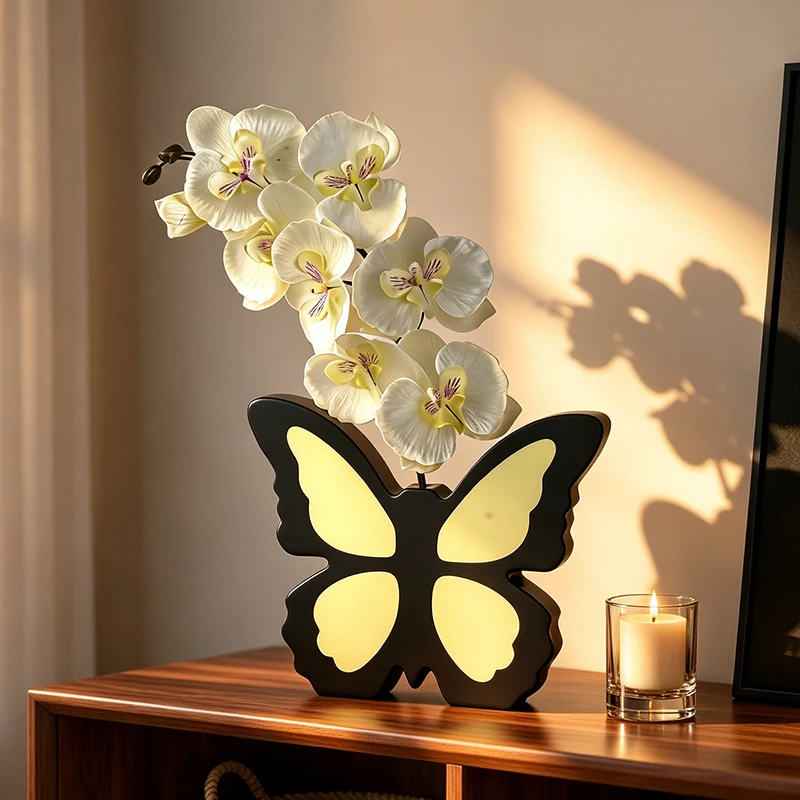 Butterfly Shaped Ceramic Vase with Artificial Orchid Flowers, Modern Black Yellow Decorative Vase for Home Living Room Office Table