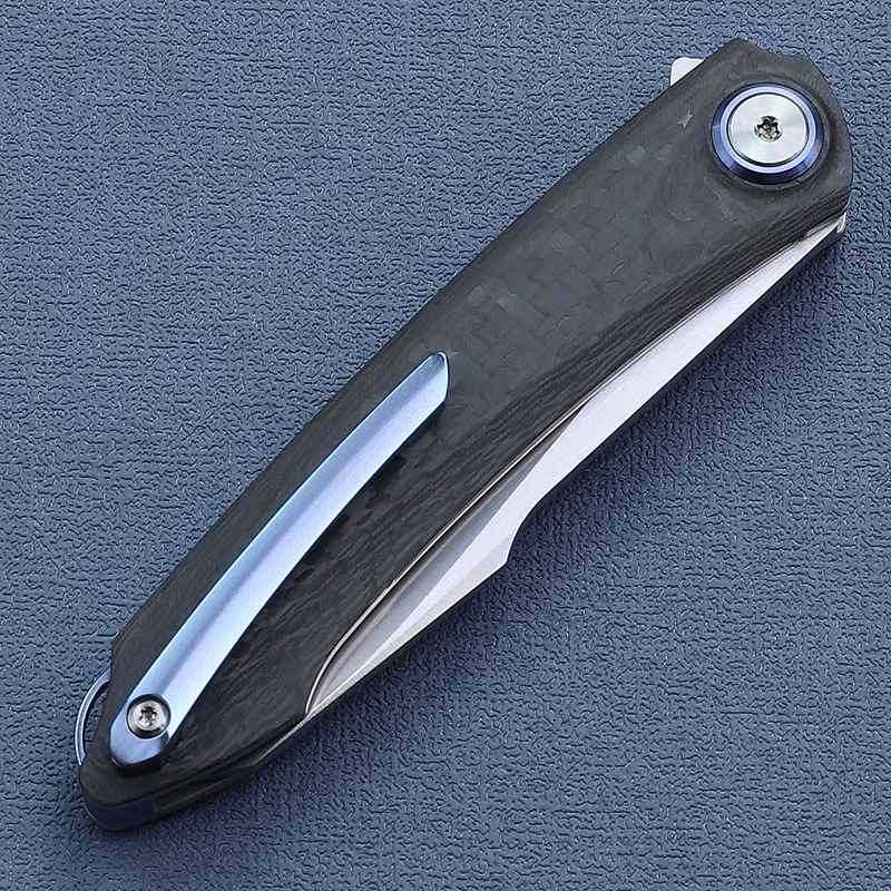 60HRC Outdoor High Hardness Folding Knife M390 Steel CF Handle Bearing Titanium Alloy Blue Back Clip Mini Carry Pocket EDC Tool