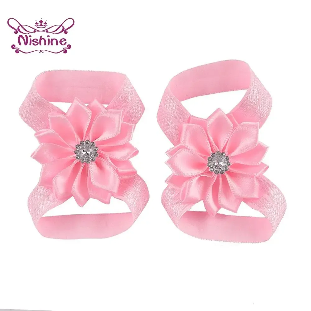 Cute 2pcs/pair Chic Satin Ribbon Flower Barefoot Sandals Baby Shower Gift Girls Newborn Toddler Kids Photography Props