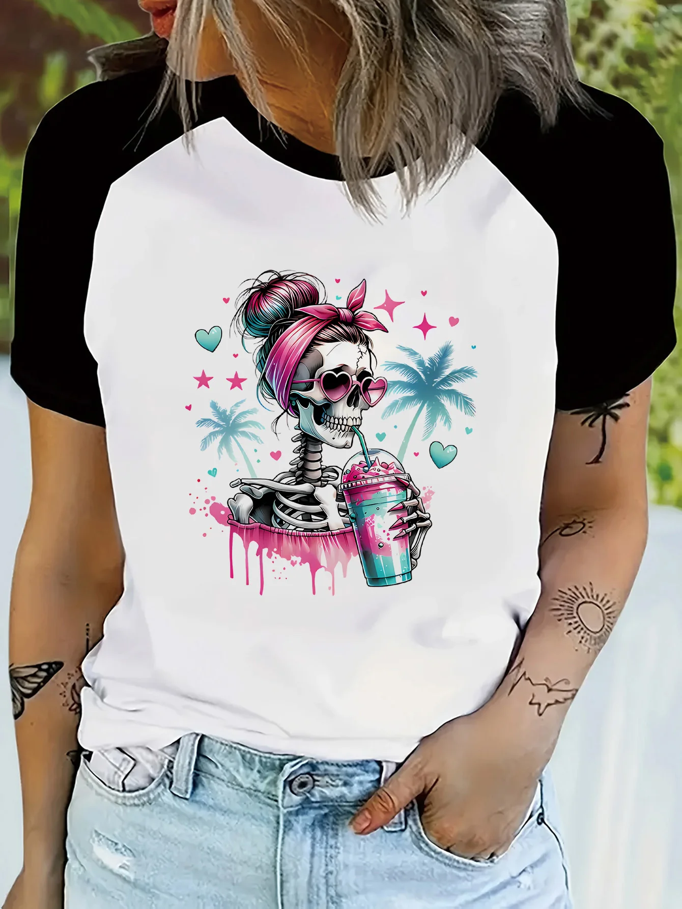 Funny Skull Print Tshirt Day of The Dead Graphic Top Raglan Short Skeeve T Shirt Outfit Women's Casual Y2k T-shirt Femme Clothes