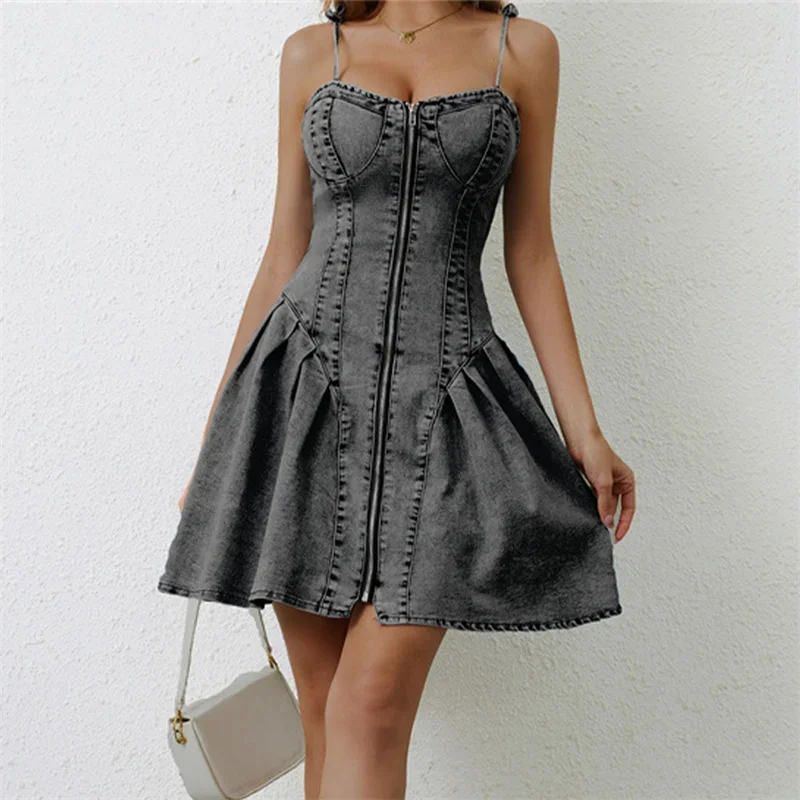 Women New Zipper Cardigan Denim Dresses Fashion Slim Sleeveless Backless Pleated Dress Summer Female Adjustable Suspenders Gown