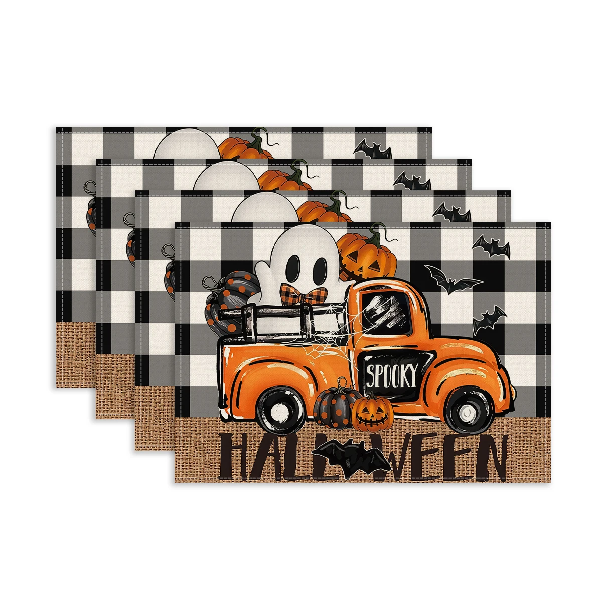 4/5/7 Pcs Halloween Table Runner & Placemats, Vintage Buffalo Plaid Heat‑Resistant Decorative Table Mats for Party Decor