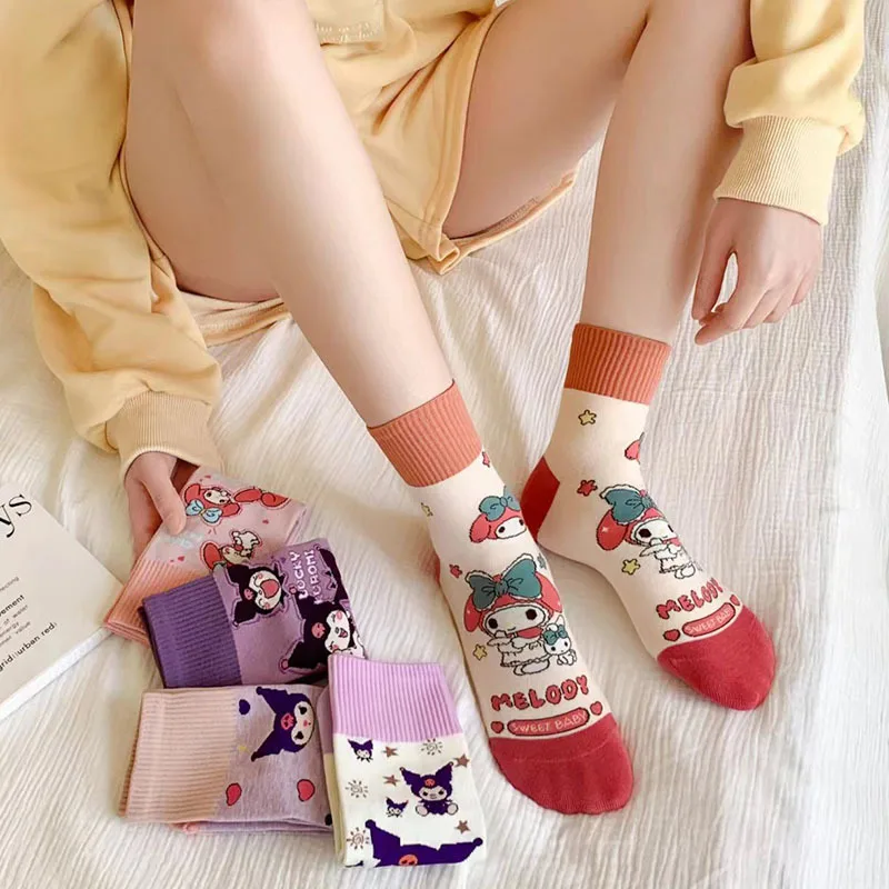 

5 Pairs Kawaii Sanrio Kuromi Socks Cartoon Anime My Melody Spring And Autumn New Sweet Cotton Mid-Calf Socks Lady Gift