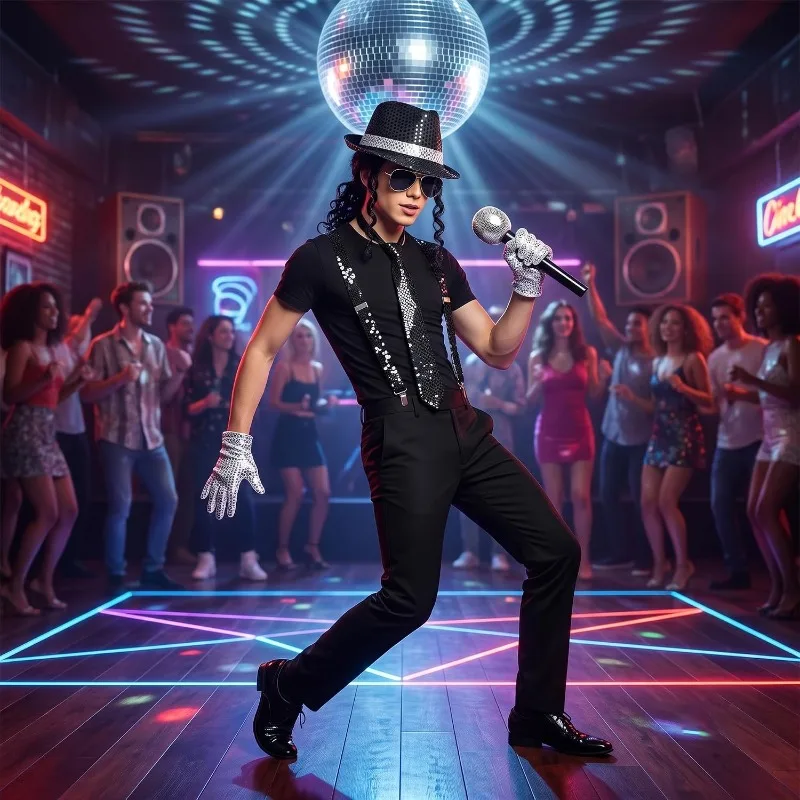 Pop Star Costume Accessory Set, Sequin Fedora Hat with Curly Wig, Suspenders, Tie, Bow Ties, Gloves, Sunglasses, Microphone