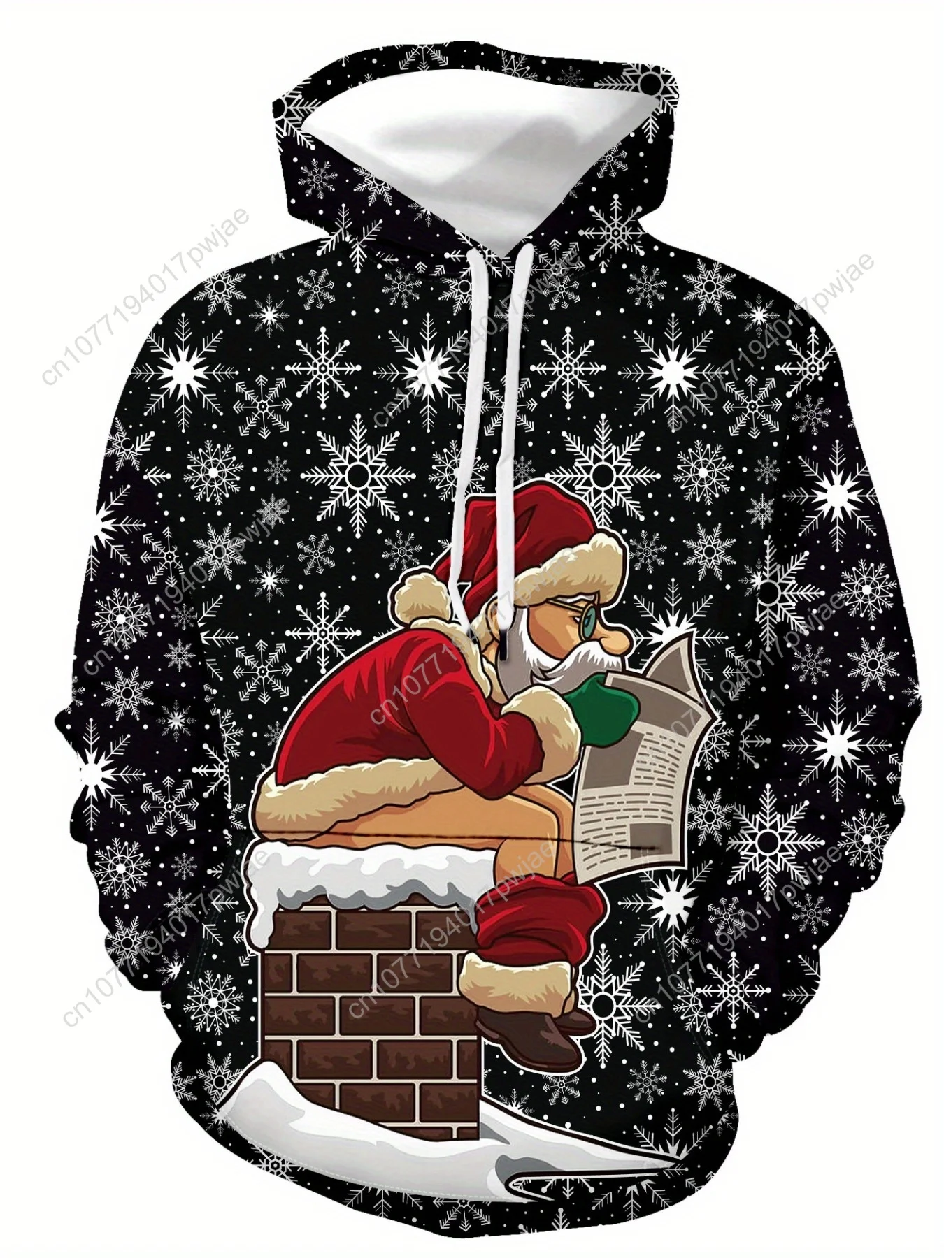 

[Christmas Santa Claus Hoodie] Men's Christmas Santa Claus Hoodie - Black with Red & White Holiday Print - Cozy Long Sleeve Pull