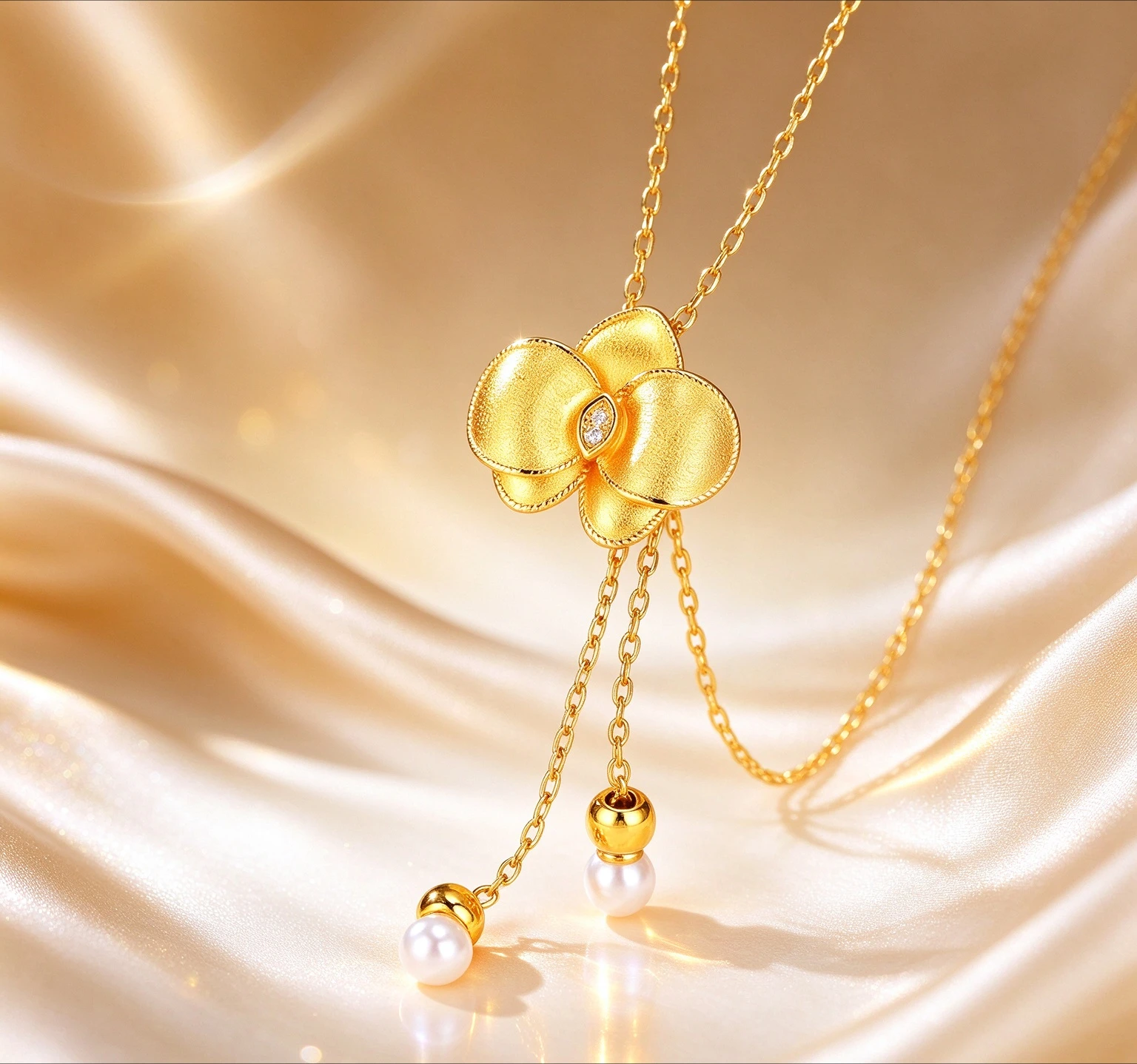 9999 Gold Threaded Phalaenopsis Orchid Petal Pendant Necklace for Women, Sweet and Elegant Tassel Choker Chain