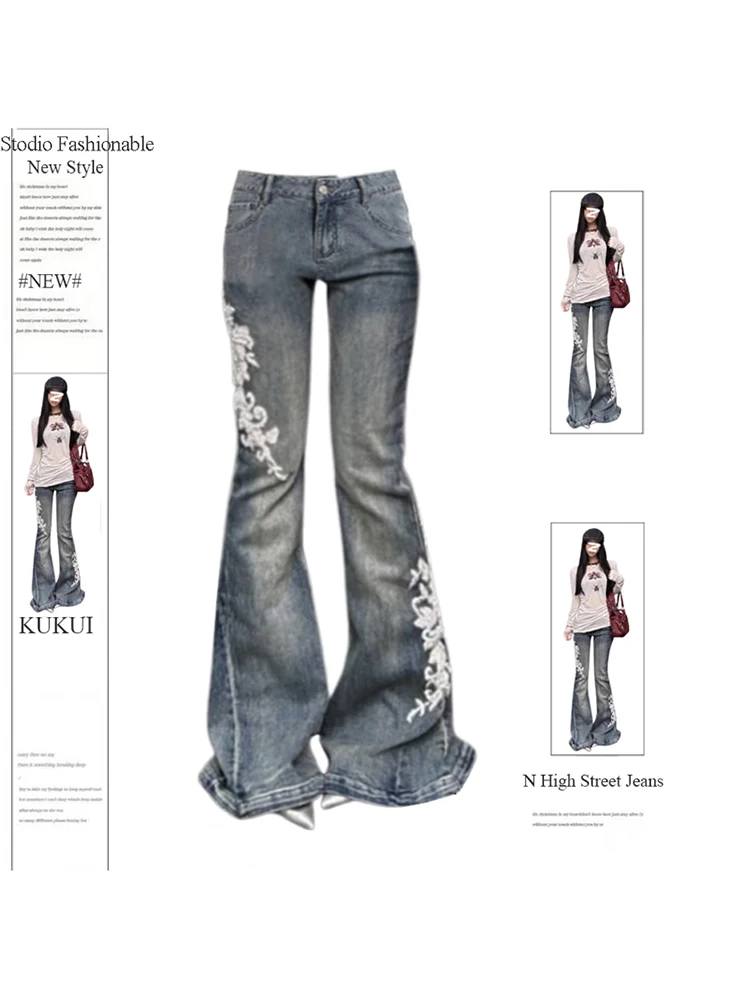 Women American Street Bell-Bottom Jeans Grunge Japanese Abi Low Rise Y2K Embroidery Denim Flare Pants 2000s Grunge Goblin Core