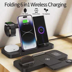 Foldable 6 In 1 Wireless Charger Stand For iPhone 15 14 13 12 11 X Apple Watch 8 7 6 5 4 3 2 Airpods Fast Charging Dock Station