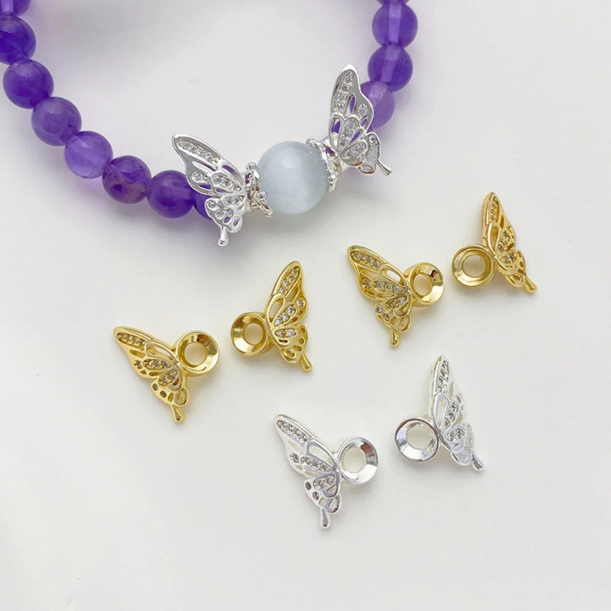 14K Gold Plated Inlaid Zircon Butterfly Wing Bead Spacer DIY Pearl Bracelet Necklace Jewelry Findings