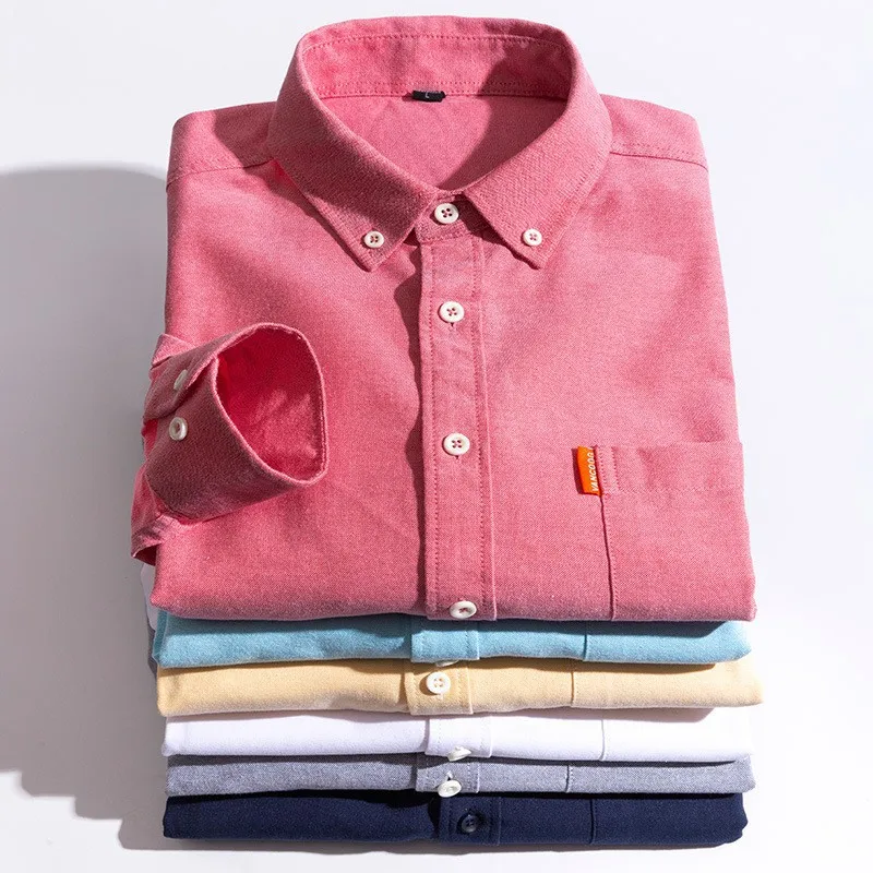 Washed Oxford Long Sleeve Shirt Men's Slim Lapel Pocket Casual Top