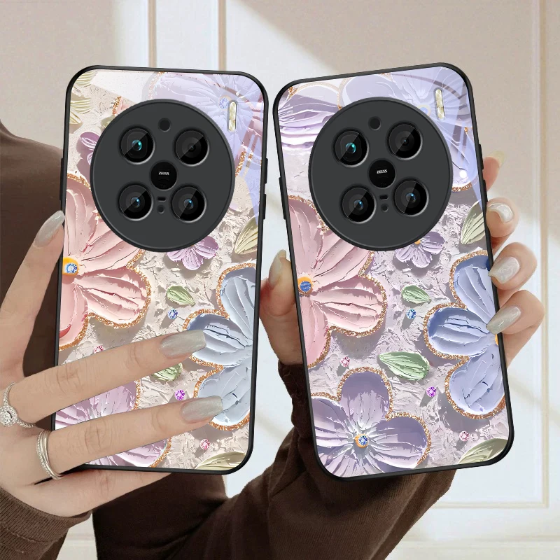 Cream Garden Flower Realm For vivo X100 X70 X90 Pro+ X80 X200 Promini V29 V23 V30 V25 V40SE V21 V25E V23e Black Glass Phone Case view 6