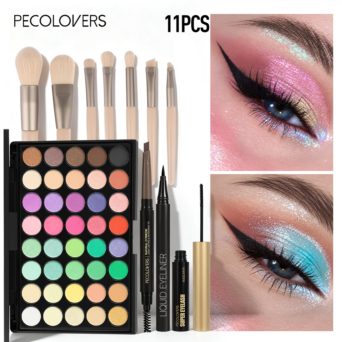 11PCS All-in-One Eye & Brow Makeup Set, 40 Shades Vibrant Color Eyeshadow Palette, Natural 3D Eyebrow Pencil, Quick-Dry Liquid Eyeliner, Volumizing Curling Mascara with Makeup Brushes, Waterproof Sweat-proof, Blendable Matte Shimmer Eyeshadow Kit