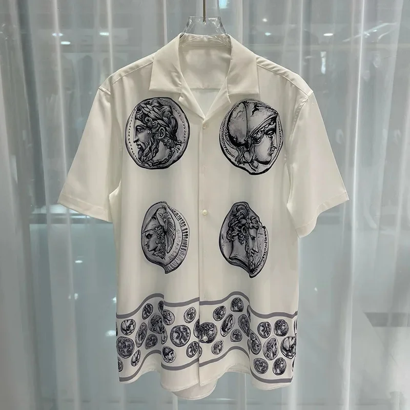 Luxury Royal White Shirts Men Short Vintage Pattern Mens Social Paisley Character Printed Shirt Camisas Social Masculina De Luxo