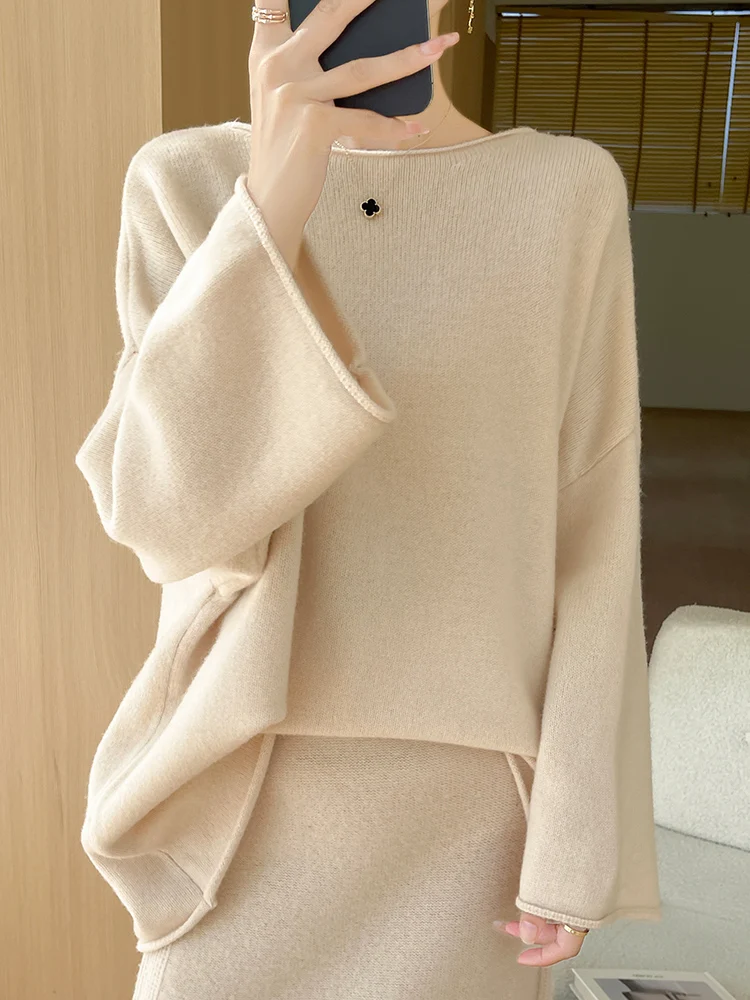 New Autumn Winter Women Cashmere Sweater O-Neck Thick Pullover 100% Merino Wool Medium-Length Knitwear Casual Loose Soft Top