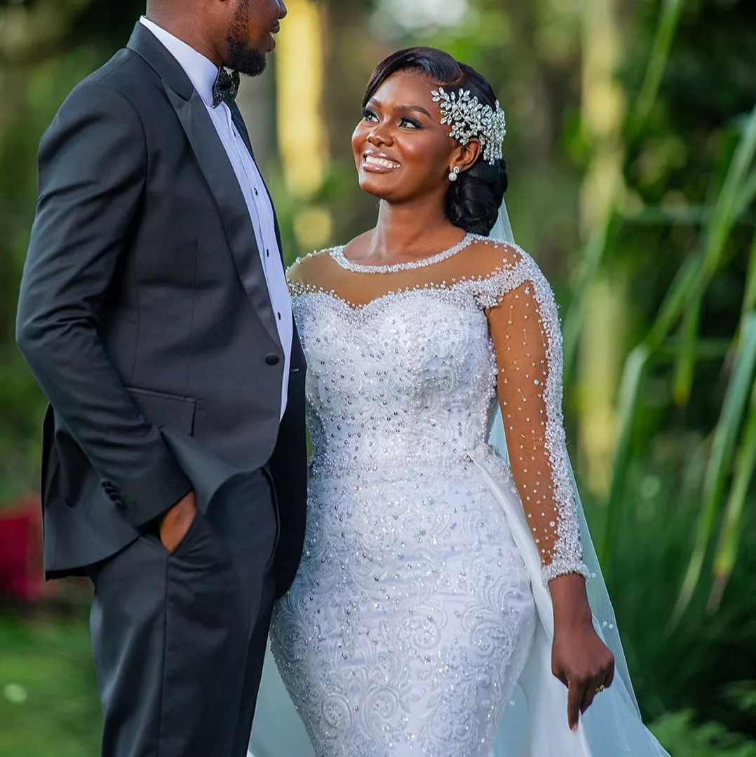 2026 Свадебное платье русалки со съемным шлейфом, прозрачное свадебное платье с длинными рукавами и вышивкой из бисера для невесты