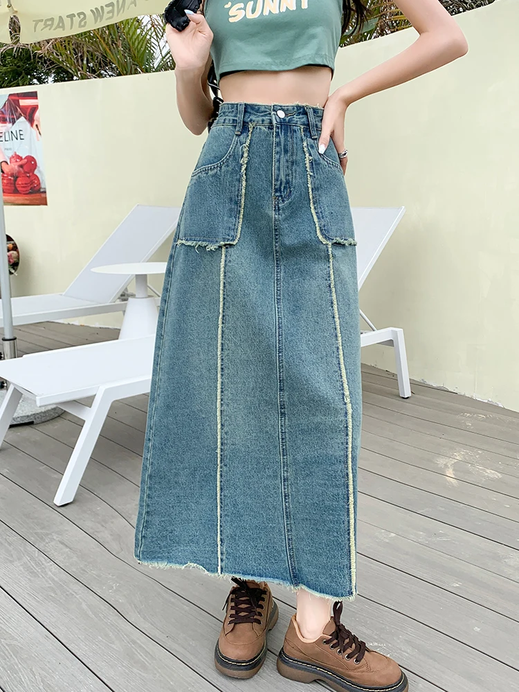 

High Waist Denim Skirts Vintage Raw Edge Washed Denim Skirt Women's New Loose Denim Mid Length Skirt Streetwear Harajuku Saia