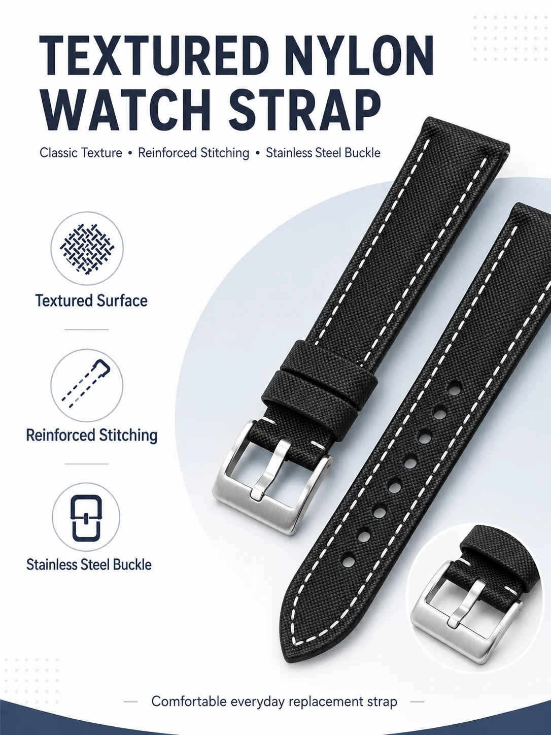 18-24mm Nylon Echtleder Uhrenarmband Canvas-Textur Ersatz-Uhrenband Edelstahlschnalle – Detail 1